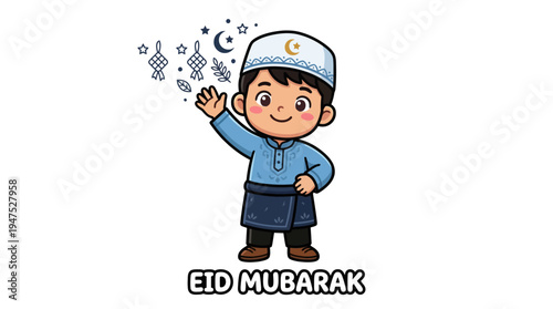 A young boy in traditional attire celebrates Eid Mubarak with fireworks.