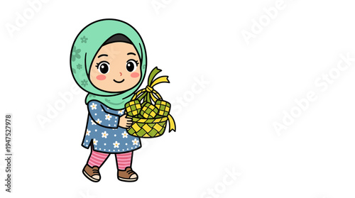 A young girl wearing a headscarf holding a basket of bananas indoors smiling.