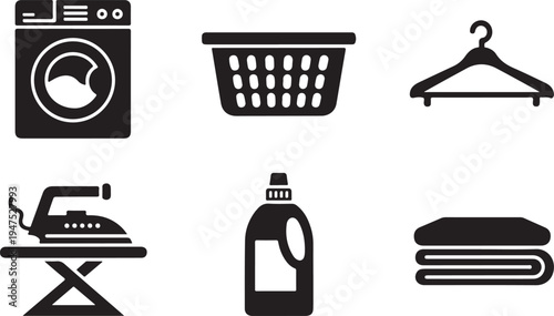 Black and white of laundry and ironing equipment including washing machine, laundry basket, hanger, iron, detergent bottle, and folded clothes
