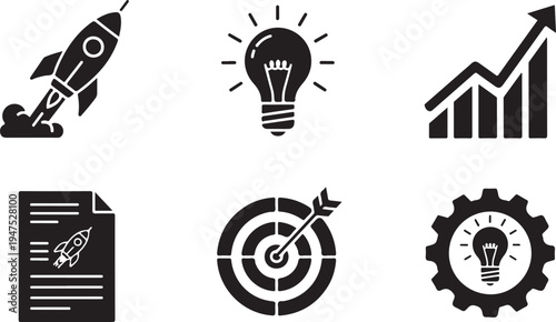 Black and white of rocket launch, light bulb, bar chart, document, target, and gear with light bulb