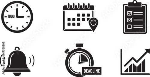 Set of black and white representing time management and deadlines clock calendar