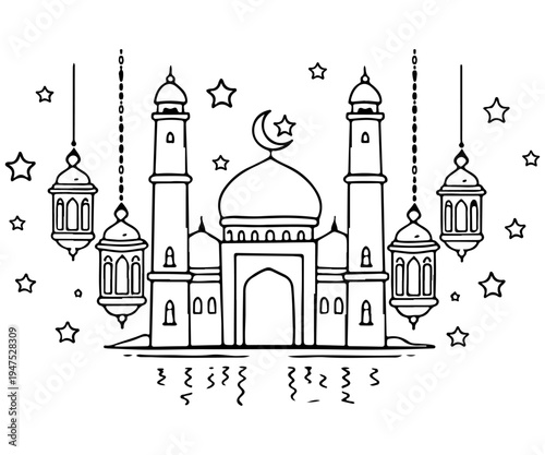 Mosque with Hanging Lanterns Line Art