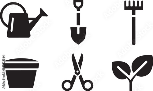 Set of black gardening tools and plant including watering can shovel rake scissors pot and leaves