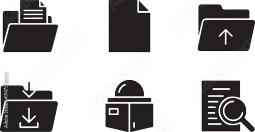 Set of black representing file management actions and document types folder upload