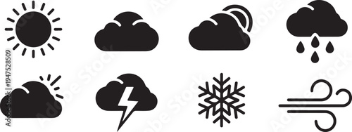 Set of eight black and white weather showing sun, clouds, rain, snow, and wind weather black and white