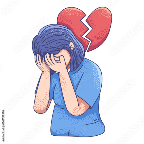 heartbroken woman hiding her face in her hands, with broken heart icon behind her head representing emotional pain and grief.