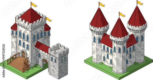 Isometric medieval fantasy castle with towers red roofs stone walls fortress architecture game asset vector illustration