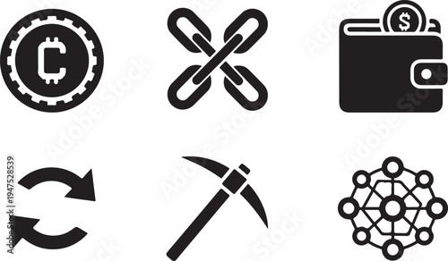 Six black and white representing blockchain, cryptocurrency, mining, and financial concepts