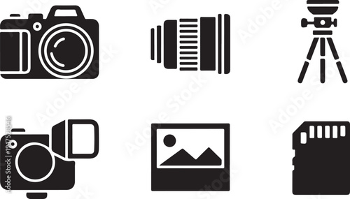 Six black and white camera and related on white background camera lens tripod
