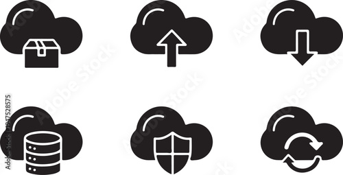 Six black cloud with different symbols representing data storage, upload, download, database, security, and syncing