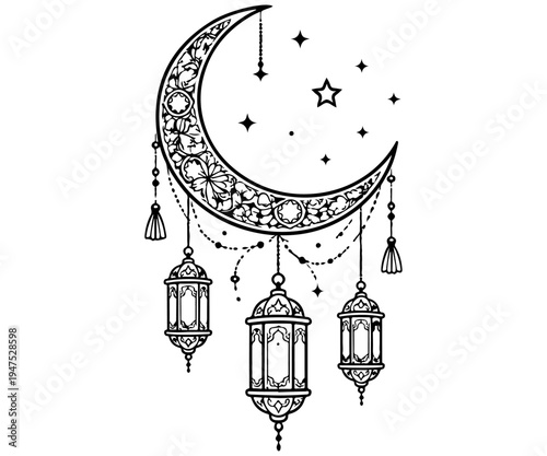 Decorative Crescent Moon with Hanging Lanterns