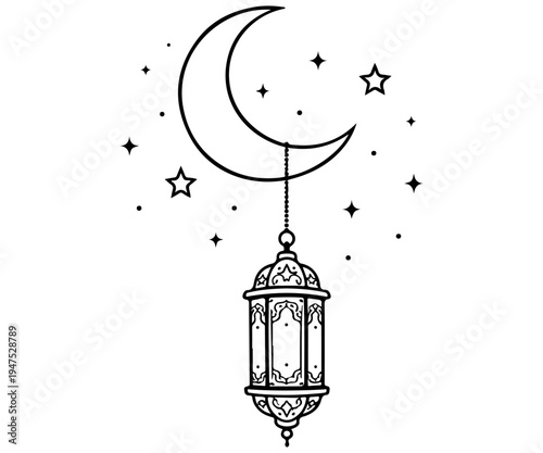 Crescent Moon Lantern Line Art
