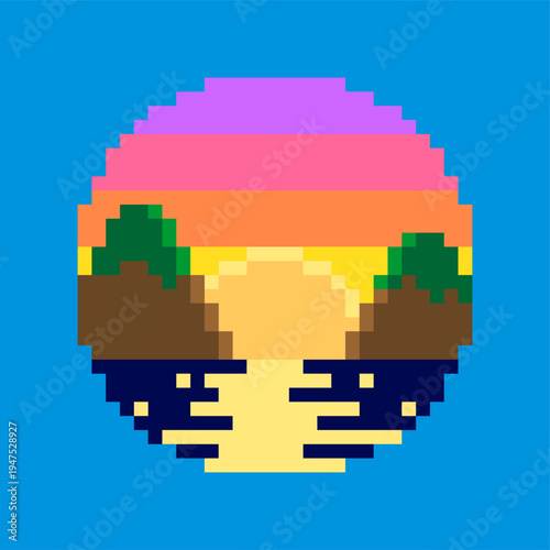 Sunset Lake Landscape Pixel Art Illustration with Hills Reflection, Retro 8 Bit Nature Scenery Icon