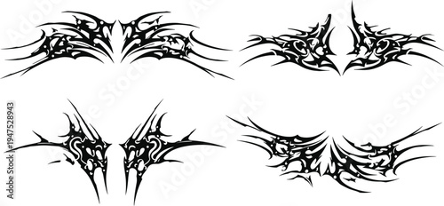 Abstract tribal thorn ornament, gothic spike tattoo design, black symmetrical edgy grunge emblem, sharp decorative tribal graphic element illustration set