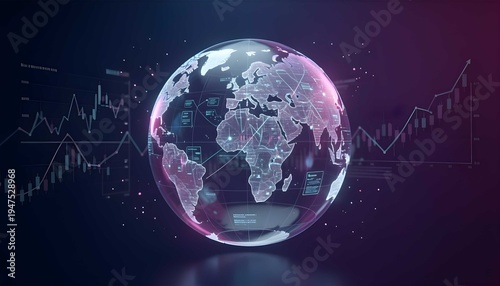 Digital global economy network sphere with fintech data particles and technology structure