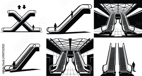 Escalator illustrations, black and white drawings, architectural perspective, shopping mall interior, transit station escalators, modern design, public space transportation