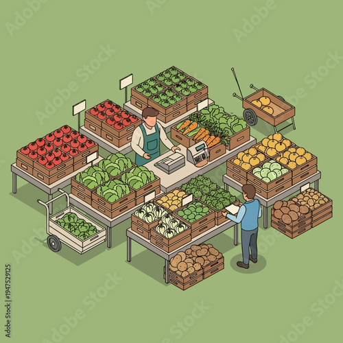 Isometric illustration of a bustling farmer's market with fresh produce.