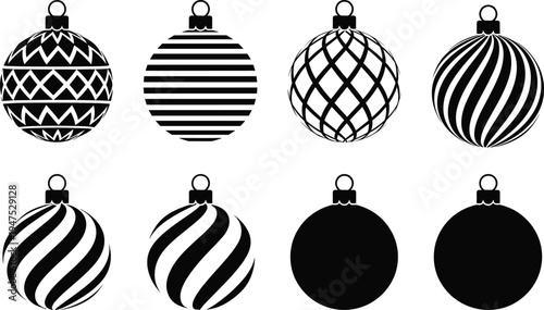 Christmas ornament ball silhouettes with decorative patterns striped baubles holiday decoration vector icon set isolated illustration