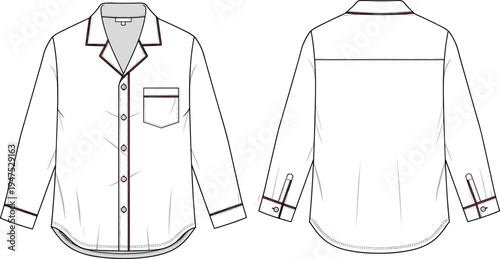 Men long sleeve button down shirt front and back view fashion technical flat sketch apparel vector template