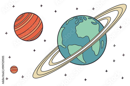 A colorful vector illustration of planets and stars in a celestial scene