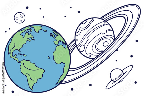 A colorful vector illustration of planets and moons in our solar system