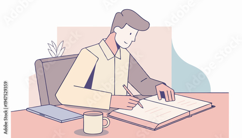 Man studying and writing at desk with open book, notepad and coffee mug