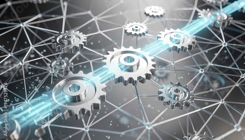 High tech digital network system with metallic gears innovation automation background