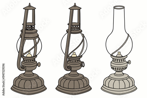 A set of vintage kerosene lamp illustrations in a minimalist line art style