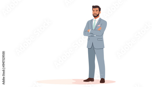A confident businessman in a gray suit with arms crossed, standing against a white background