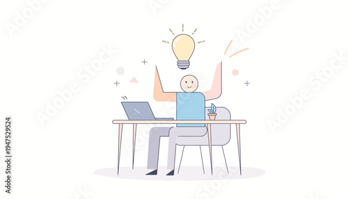 Creative person sitting at a desk with a laptop and a bright idea shining above their head