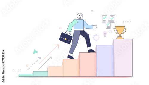 Career climbing and achievement, a person walking up stairs towards success and a trophy, symbolizing growth and victory