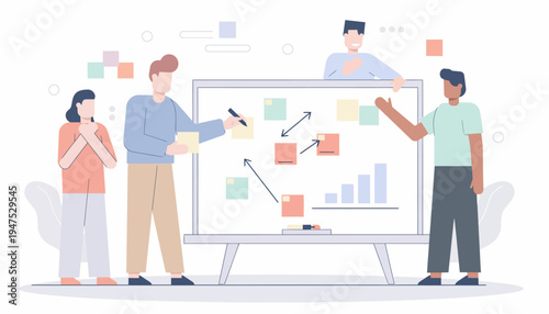 Diverse team collaborates on a strategic business plan presentation with a whiteboard, charts, and arrows illustrating progress and goals
