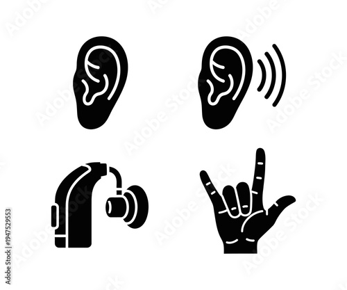 Vector icons for auditory health and communication, featuring human ears, sound perception, modern hearing aid technology, and a symbolic hand gesture for accessibility awareness
