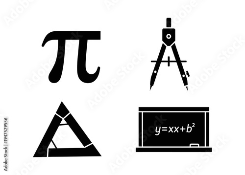 A curated set of fundamental mathematical concepts and essential geometry tools for education, illustrating scientific principles and fostering analytical thought