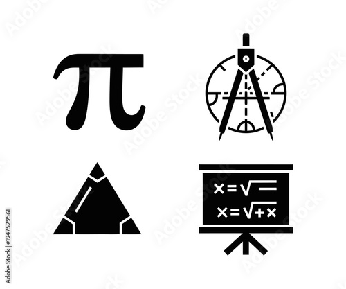 A versatile collection of mathematical and geometric icons, depicting fundamental principles and essential tools for learning, analysis, and problem-solving in science and education