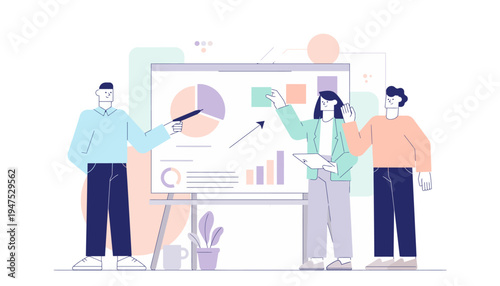 Collaborative business meeting illustration Diverse team analyzing data, presenting financial reports, and developing strategic plans for company growth and success
