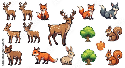 A cute pixel art collection showcasing forest animals like deer, foxes, rabbits, squirrels, and a wolf, with trees and a leaf.