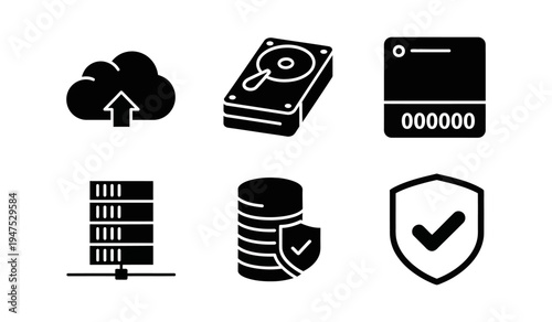Comprehensive digital data and cloud technology vector icons collection, featuring symbols for secure storage, network infrastructure, database management, and cybersecurity services