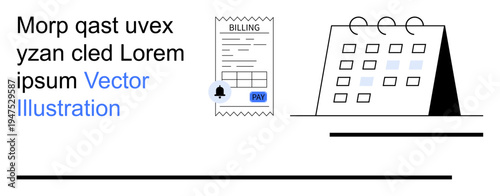 Financial planning, payment reminders, billing systems, scheduling tools, organization, due dates. A receipt with a bell icon and a calendar. Financial planning and payment reminders concept