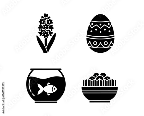Conceptual black silhouette icons for spring and holiday, depicting a hyacinth, ornate Easter egg, goldfish in bowl, and sprouts, symbolizing renewal and festive joy