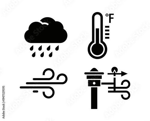 Collection of weather icons including rain, thermometer, wind, and a wind vane, representing meteorological conditions