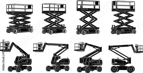 Aerial work platform vector silhouettes including scissor lifts and articulated boom lifts construction access equipment industrial machinery set