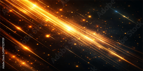 Abstract Golden Light Streaks with Glowing Particles on Dark Background