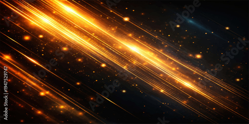 Abstract Golden Light Streaks with Glowing Particles on Dark Background