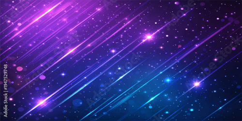 Abstract Purple and Blue Neon Light Streaks with Glowing Particles on Dark Background