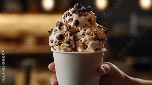 Rich chocolate chip cookie dough ice cream with chunks of dough and mini chocolate chips