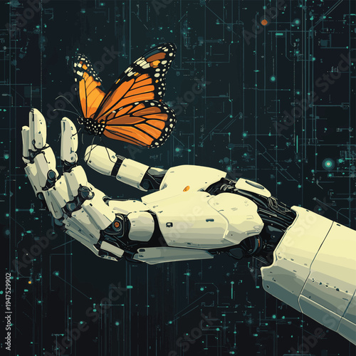 Robotic hand with a butterfly resting on its finger in a futuristic and digital environment , vector style simple color