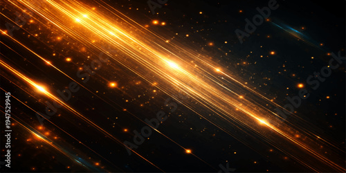 Abstract Golden Light Streaks on Dark Background Glowing Energy Lines and Spark Particles