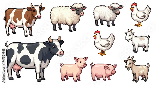 A collection of various stylized farm animals including cows, sheep, chickens, pigs, and goats, isolated on a white background.