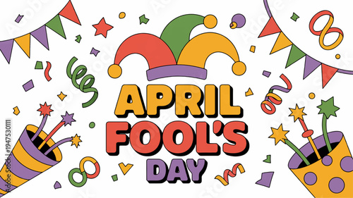 April fool's day celebration with colorful confetti and jester hat on white background